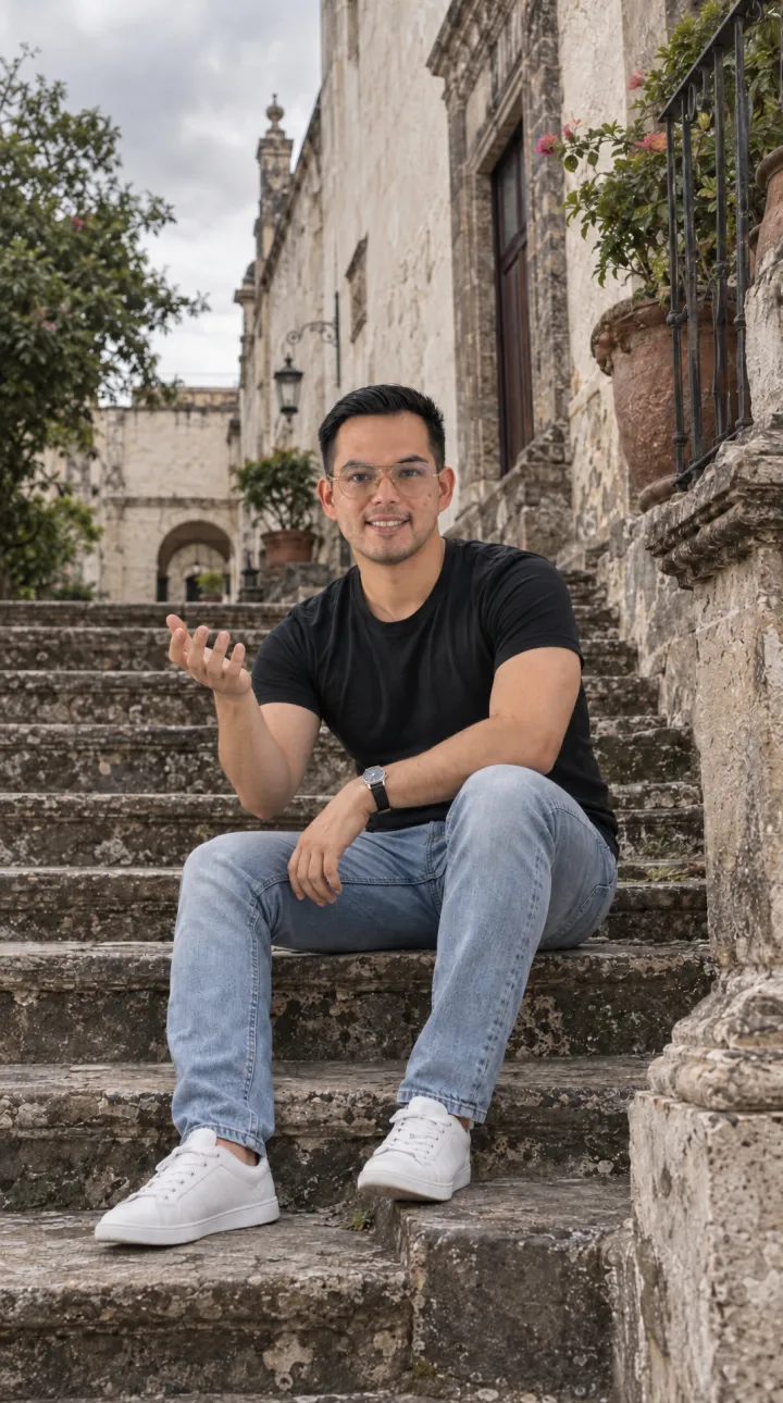 Foto original de Paco sentado en unas escaleras de piedra