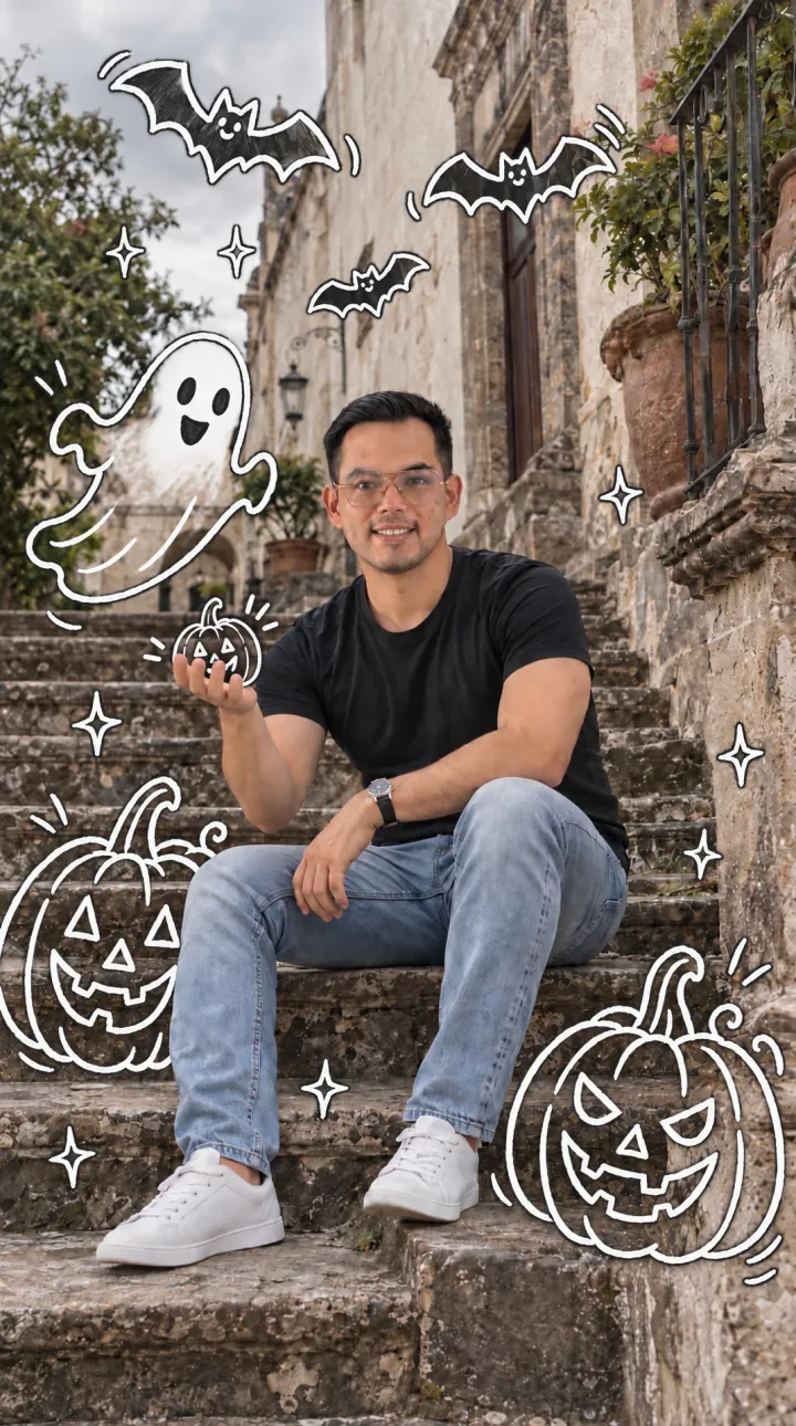 La misma foto con dibujos blancos de calabazas, fantasma y murciélagos
