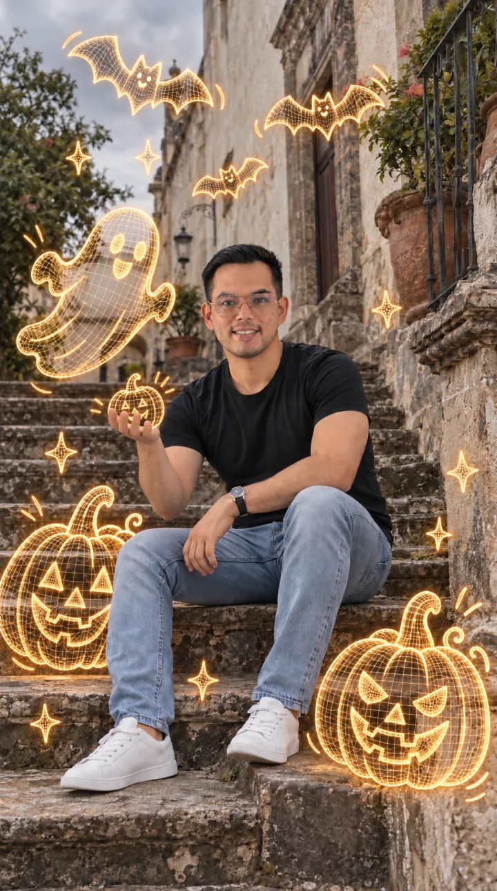 La misma foto con calabazas, fantasma y murciélagos en malla 3D luminosa