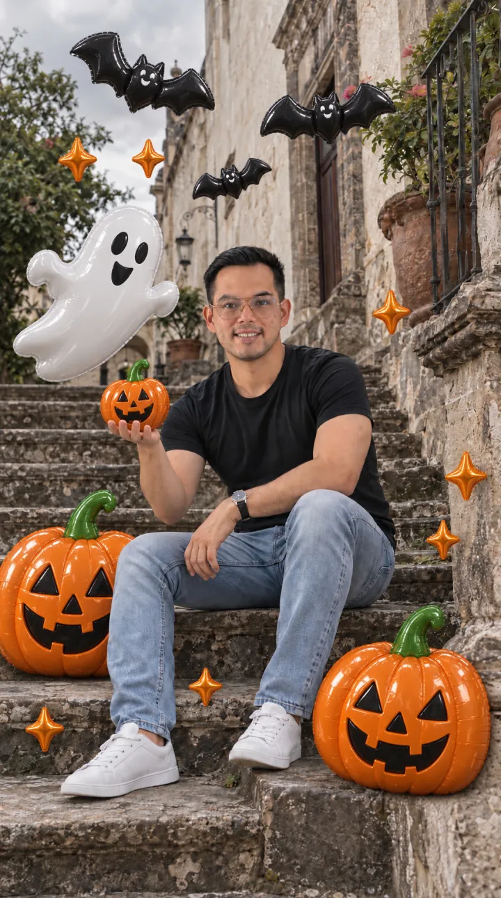La misma foto con globos inflables de calabazas, fantasma y murciélagos